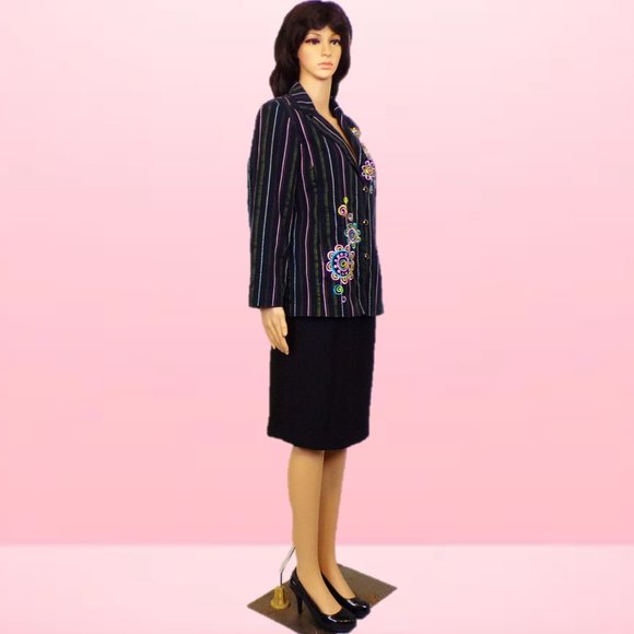 BOB MACKIE WEARABLE ART size M blazer black + multicolor stripes & embroidery - Picture 3 of 16